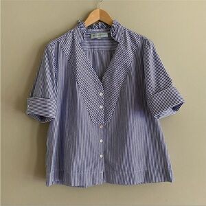 Tuckernuck A-Line Blue & White Striped Shirt Blouse, Ruffle Collar, Size L, EUC